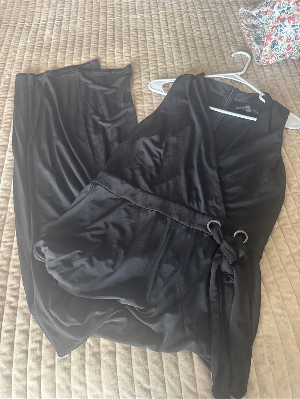 White House Black Market Black Satin Wrap Jumpsuit with Tie Detail
